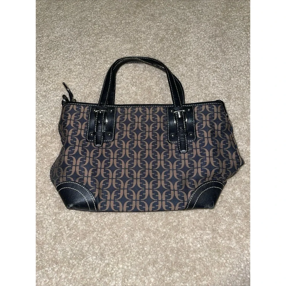 Fossil Signature Monogram Canvas Satchel Handbag Black Brown Leather Trim